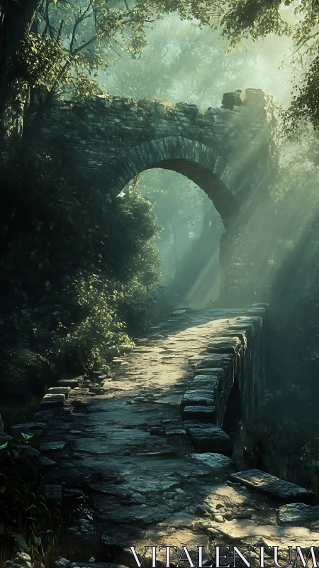 Ancient stone bridge glows softly in a misty forest dawn