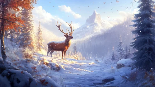 Majestic stag stands in bright snowy mountain valley.