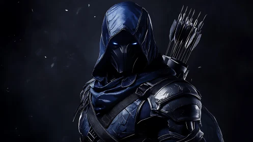 Hooded armored archer with glowing eyes in dark setting.