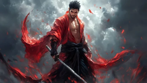 Sword-bearing warrior in red robe amid stormy clouds.