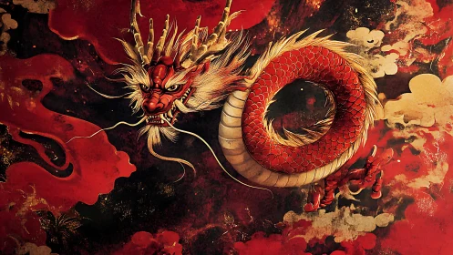 Fiery red dragon swirling through gold clouds in bold style.