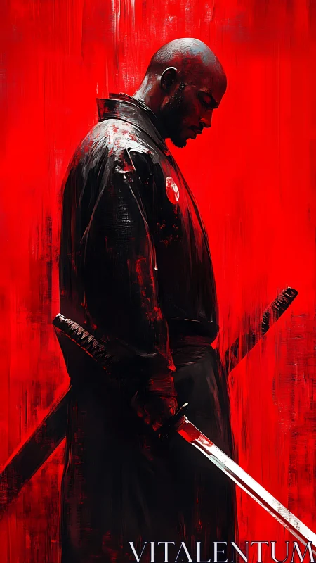Solitary swordsman in black against uniform red backdrop.