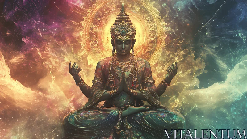 Digital painting of celestial seated deity in radiant mandala field.