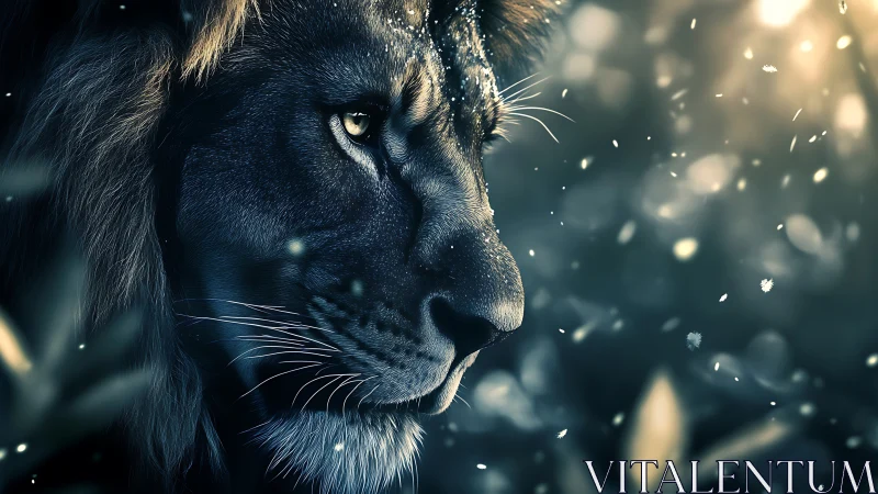 Midnight lion king gazes through starlit drifting embers.