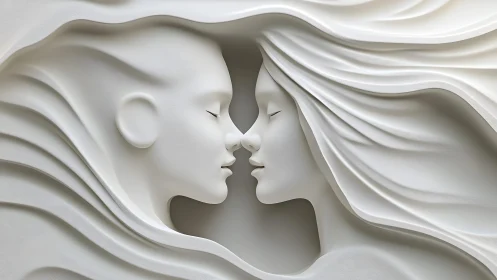 Elegant relief sculpture of two faces almost touching in white minimalist style.