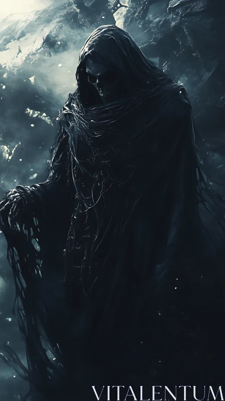 Hooded skeletal wraith stands in dark misty landscape.