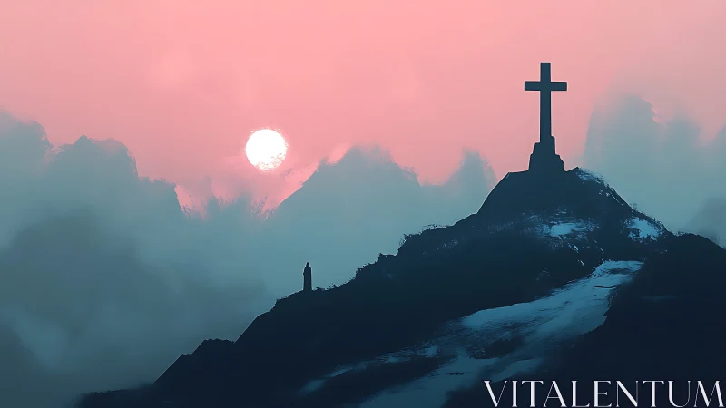 Silhouetted summit cross under diffuse atmospheric sunrise field.