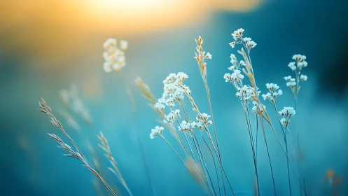 Delicate White Flowers Against Teal Blue Background.