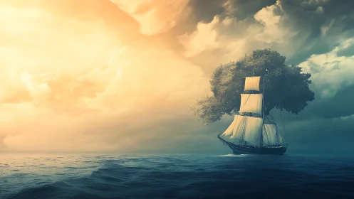 Sailing ship carries large tree across calm open sea.