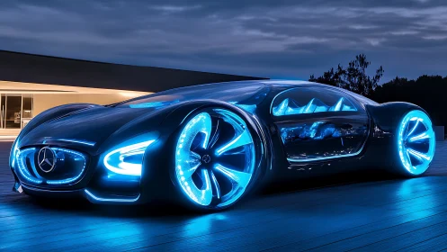Neon-lit concept coupe hums across a midnight-modern terrace