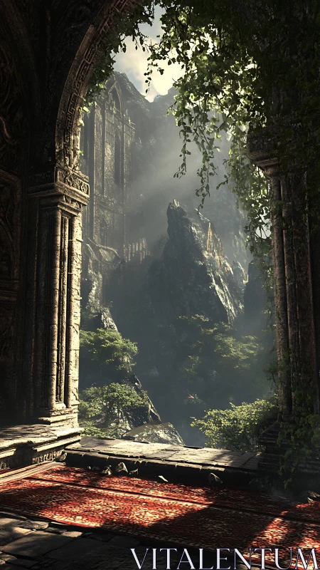 Digital painting of ruined archway framing misty mountainscape.