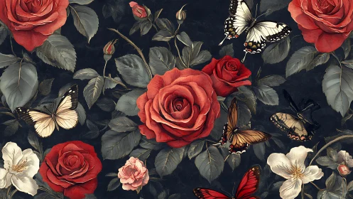 Red Roses and Butterflies Dance in Twilight.