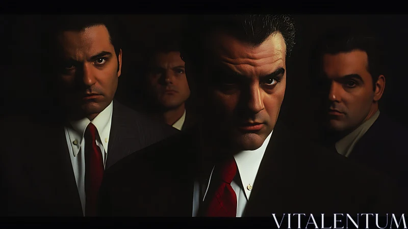 Serious suited men in low light portrait group.