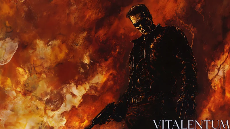 Stoic armed figure against swirling fire background.