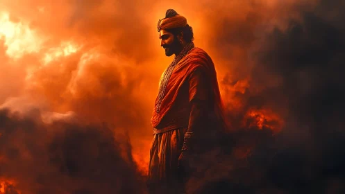 Digital painting of regal warrior in dramatic ember haze.