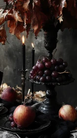 Moody still life with autumn leaves, dark candles, and fruit.