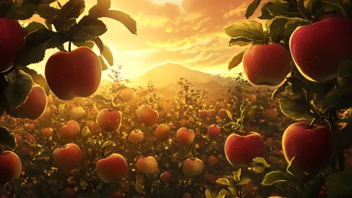 Golden-hour volumetric lighting over dense apple orchard field.