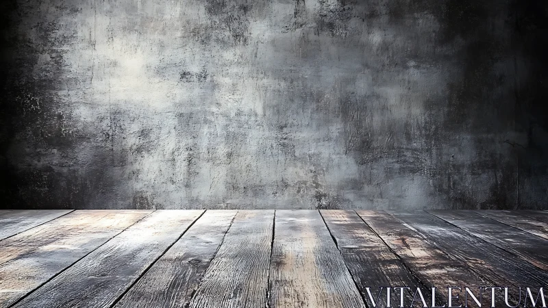 Rustic wooden floor against textured concrete wall backdrop.