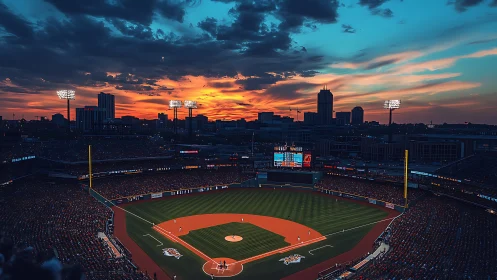 Baseball stadium hosts night game under vivid sunset sky