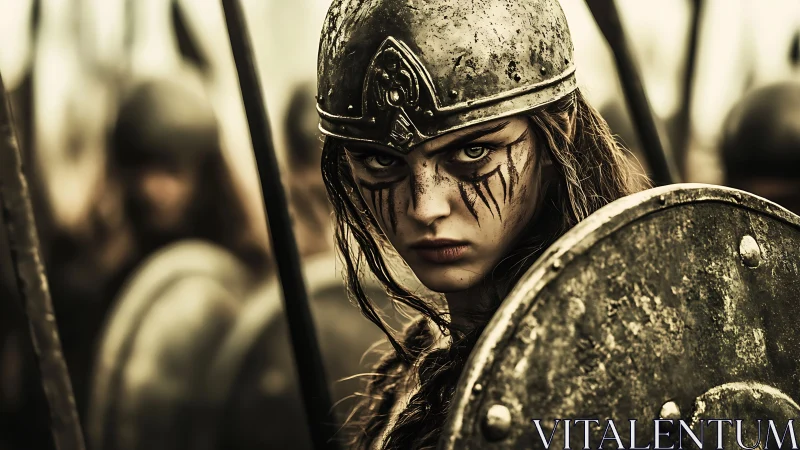 Warrior maiden in battle-worn armor with intense gaze.