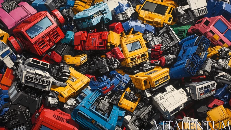 Chromatic robot cab scrapfield with dense modular geometry.