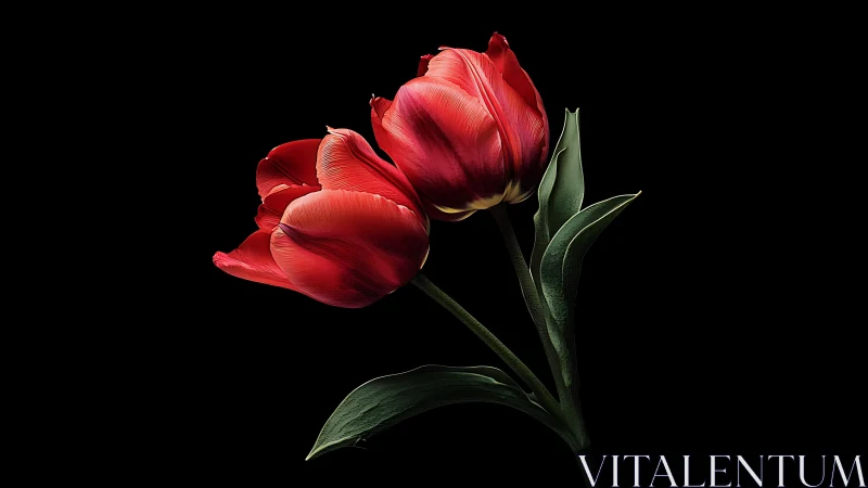 Crimson Petals Unfurling: Twin Tulips Against Midnight.
