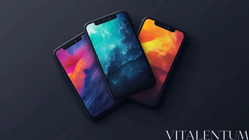Photorealistic smartphone triad with luminous gradient displays.