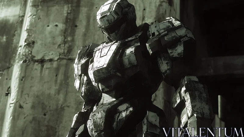 Armored combat mech stands in weathered industrial ruins