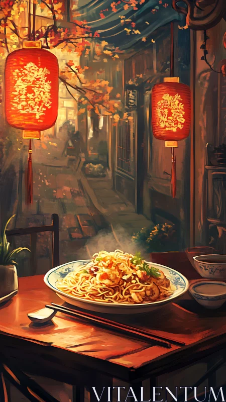 Steaming noodle dish on wooden table under red lanterns.