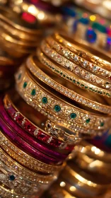 Stacked jeweled bangles glow under warm festive light