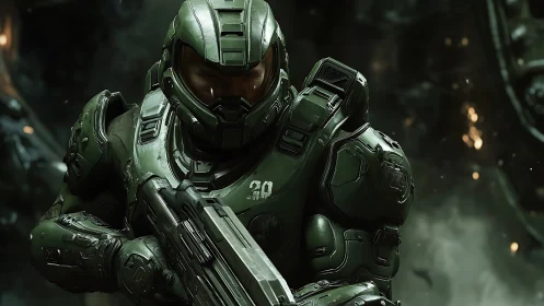 Tactical sci fi infantry in olive powered armor with rifle ready