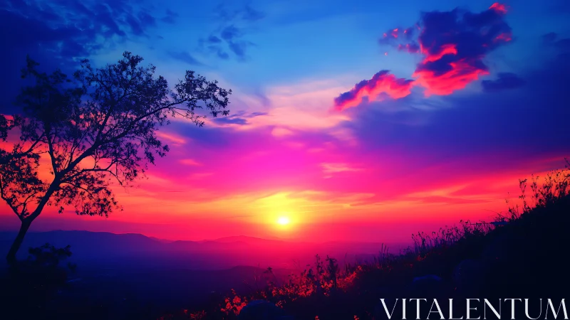 Sunset over distant hills with silhouetted tree profile.
