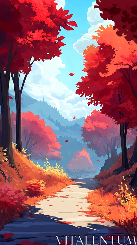 Autumn landscape with valley pathway framed by red foliage trees.