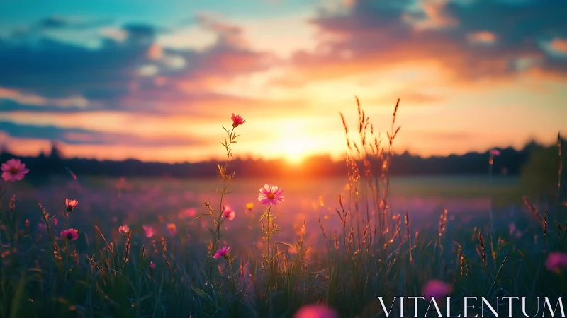 Wildflower meadow glows under vivid sunset horizon.