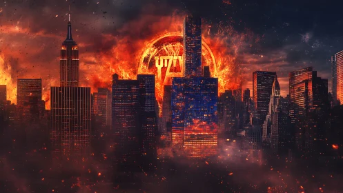 Burning futuristic city skyline under fiery apocalyptic sky.
