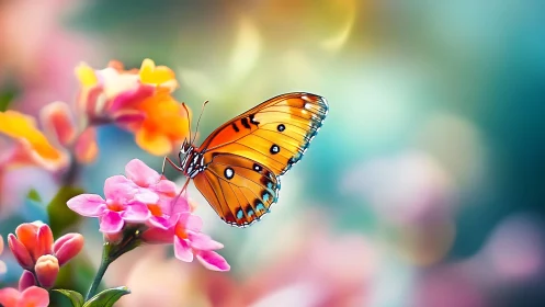 Orange butterfly on pink flowers in soft blurred garden.
