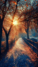 Cobblestone path under trees with low autumn sunlight rays.