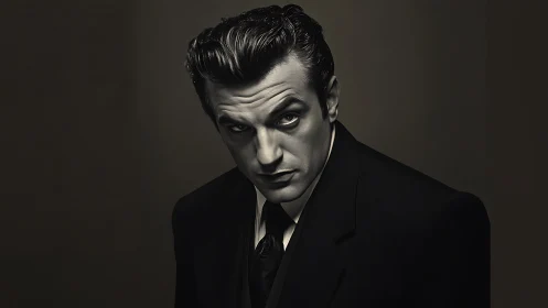 Brooding man in dark suit gazes upward under low key light