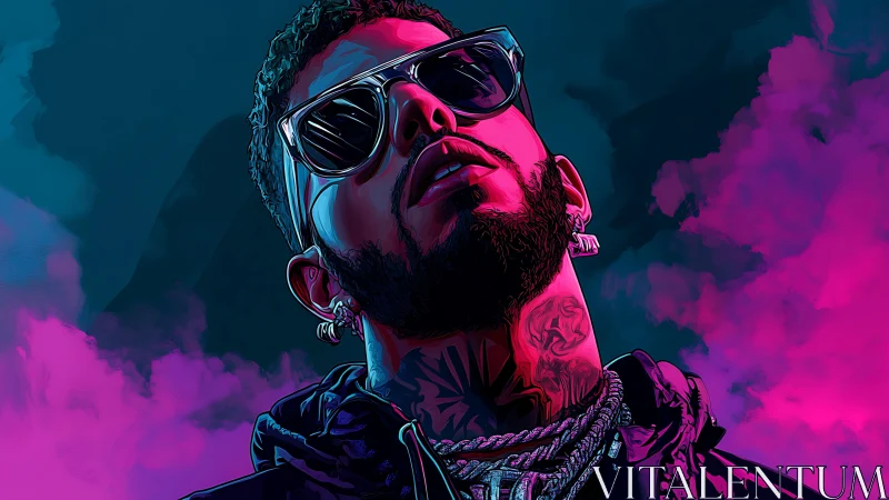 Stylized portrait of man in sunglasses amid neon clouds