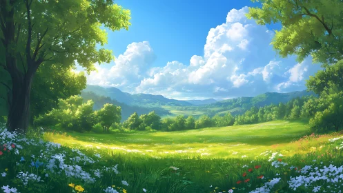 Sunlit wildflower meadow opens onto rolling green hills.