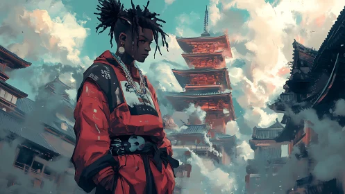 Urban figure in red jacket before layered pagoda skyline.