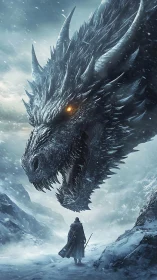 Massive ice dragon confronts lone cloaked warrior in snow.
