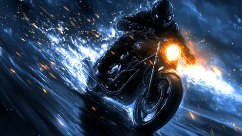 Neon-lit motorcycle racer accelerates through storm in dynamic blur