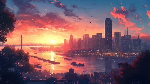 Vibrant digital city sunset over harbor skyline panorama.