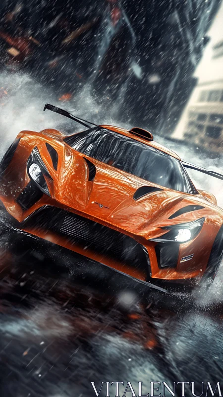 Orange storm rocket knifes through rain-slicked city canyon