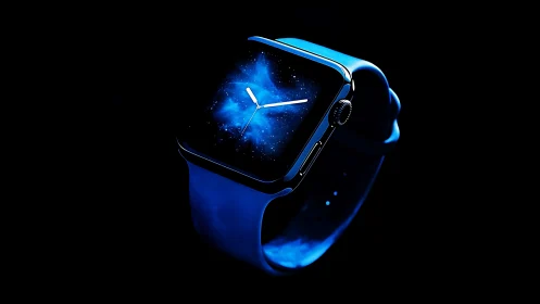 Smartwatch with cosmic dial glows in deep blue light.