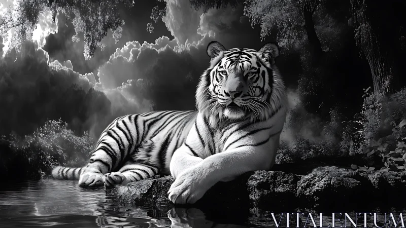 Moonlit white tiger resting by a quiet forest stream.