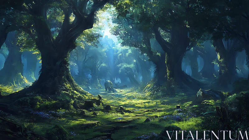 Sunlit forest corridor with ancient trees and moss ground