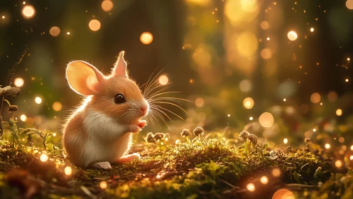 Backlit forest mouse rendered with shallow depth and warm bokeh glow