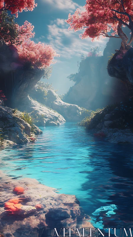 Iridescent canyon stream flows beneath luminous pink canopy